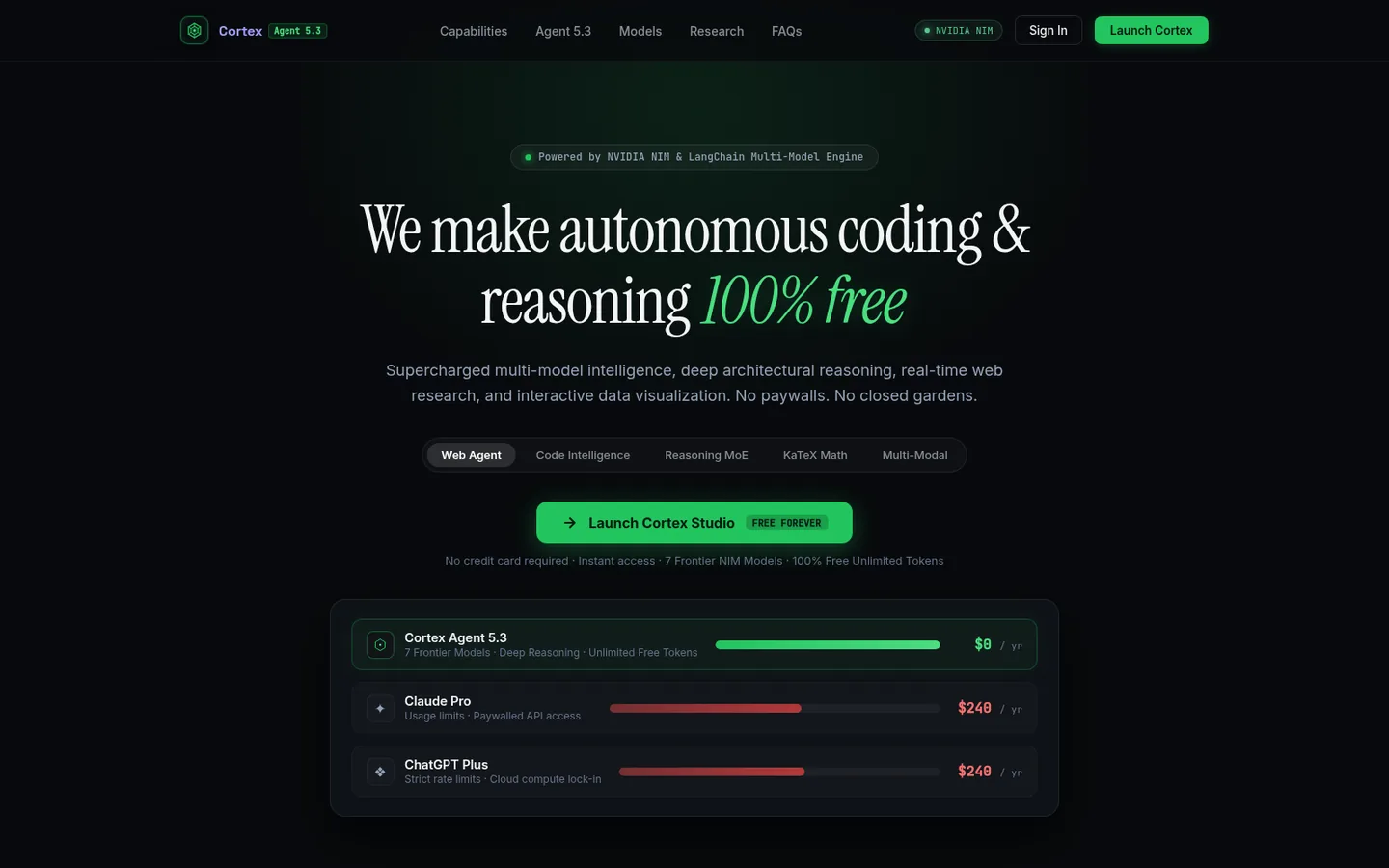 Cortex Agent landing page — autonomous multi-model AI agent studio